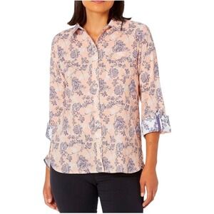 Foxcroft Wrinkle Free Cole Button Up Shirt Blouse Top Peach Sunset Floral 8P